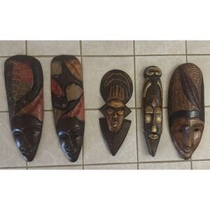 5*‎ VTG HAND CARVED WOOD AFRICAN TRIBAL MASK GHANA LOT Bundle